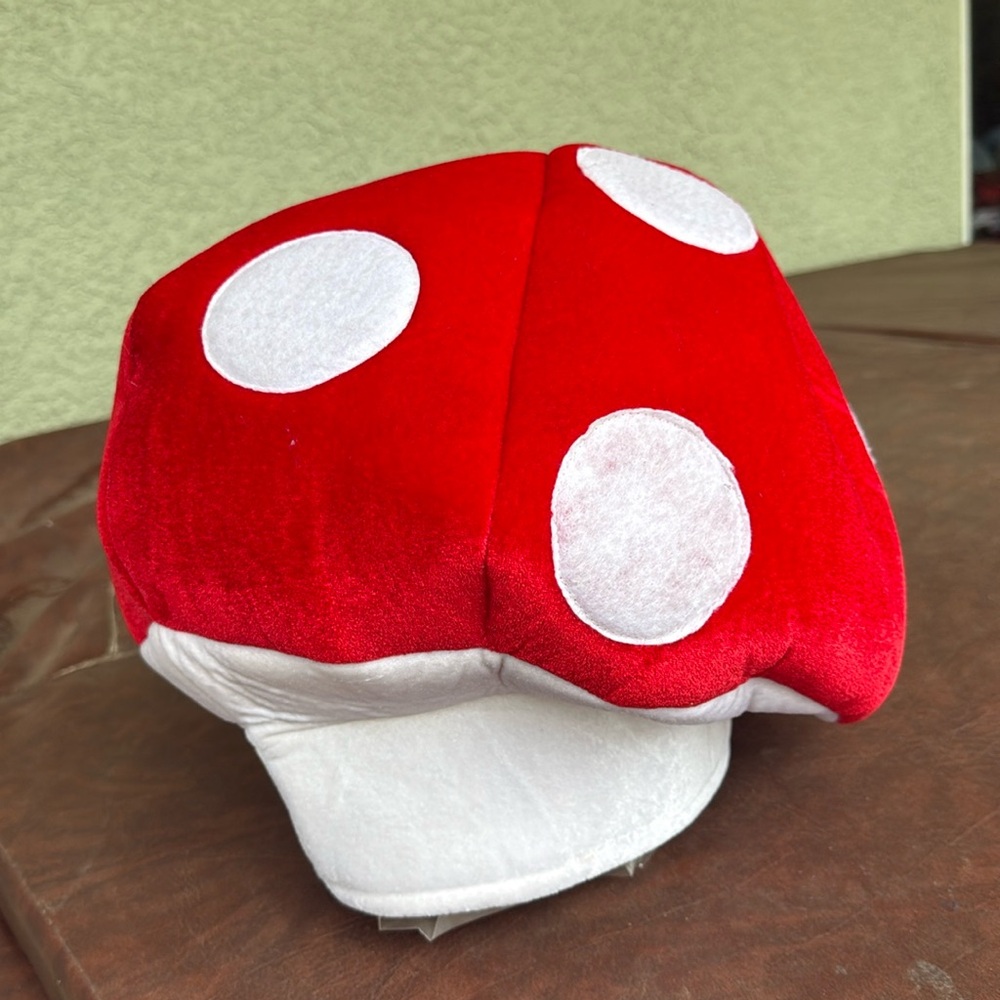 Adult Mushroom Costume Hat Red White Dot Soft Velvet Six Flags Cosplay Halloween